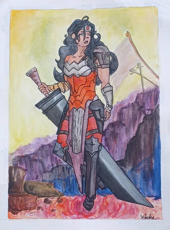 A gouache painting of my favorite superhero, Wonder Woman! This is specifically a render of Absolute Wonder Woman. I used unique colors and POSCA paint pens to add detail.