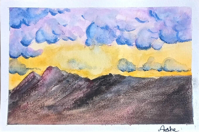 A render of the beautiful mountains outside Oak Creek. I used Gouache paint and colored pencils to create a pleasing contrast of colors.